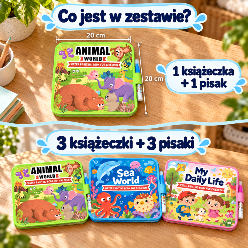 Kolorowy Plusk Co jest w zestawie: 1 książeczka i 1 pisak albo 3 książeczki i 3 pisaki